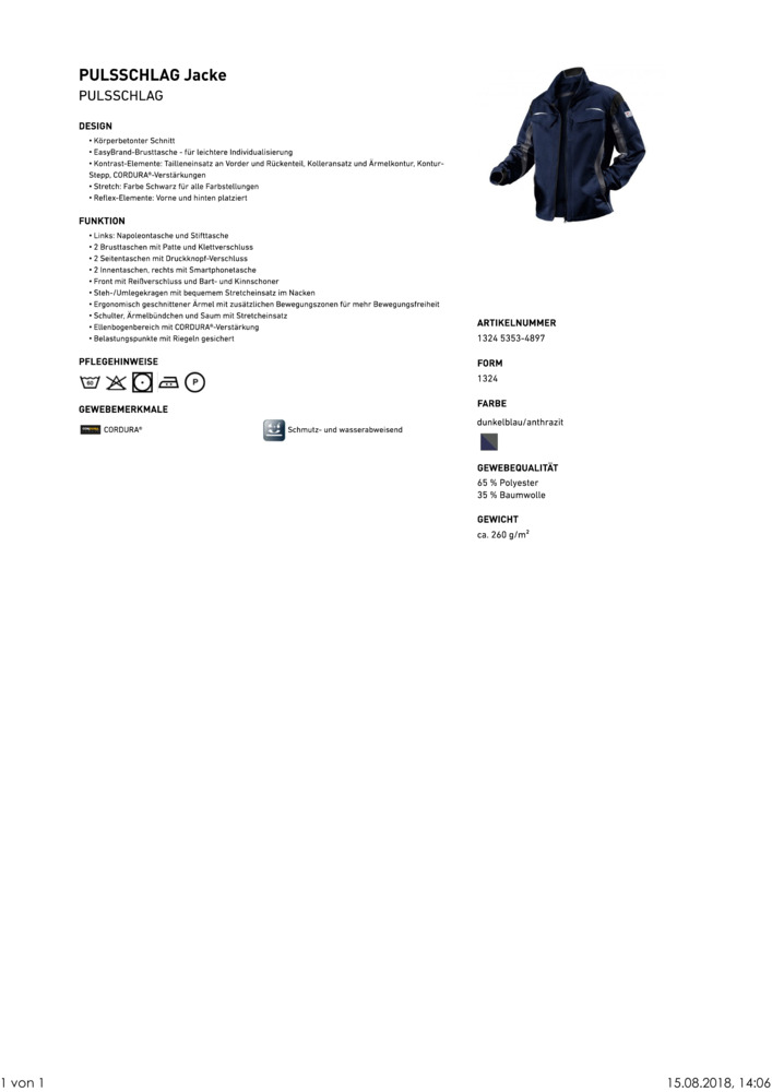 KÜBLER-Workwear-Arbeits-Berufs-Bund-Jacke, Pulsschlag, 260g/m², ca. dunkelblau/anthrazit