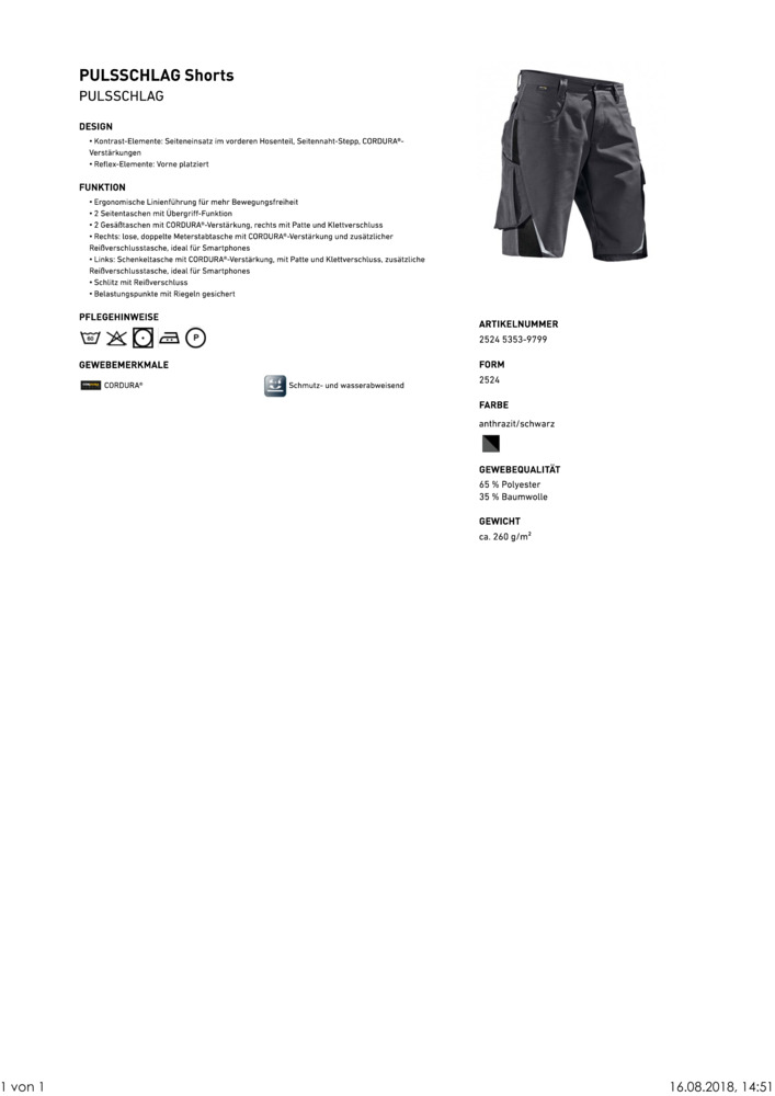Pulsschlag, KÜBLER-Workwear-Bermuda-Arbeits-Berufs-Shorts, anthrazit/schwarz ca. 260g/m²,
