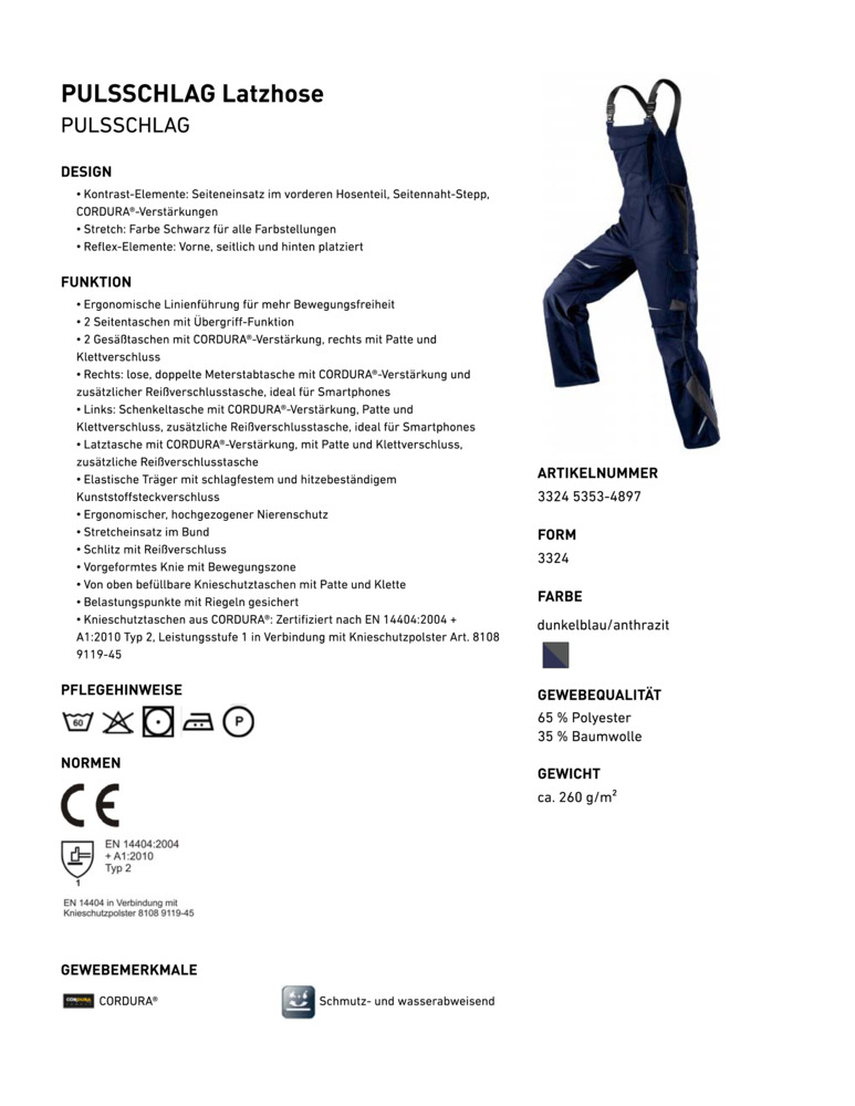 dunkelblau ca. /anthrazit KÜBLER-Workwear-Arbeits-Berufs-Latz-Hose 260g/m², Pulsschlag,