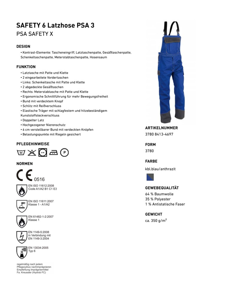 Safety KÜBLER-Workwear-Schweißer-Arbeits-Schutz-Berufs-Latz-Hose, MG350, X6, kornblau/anthrazit