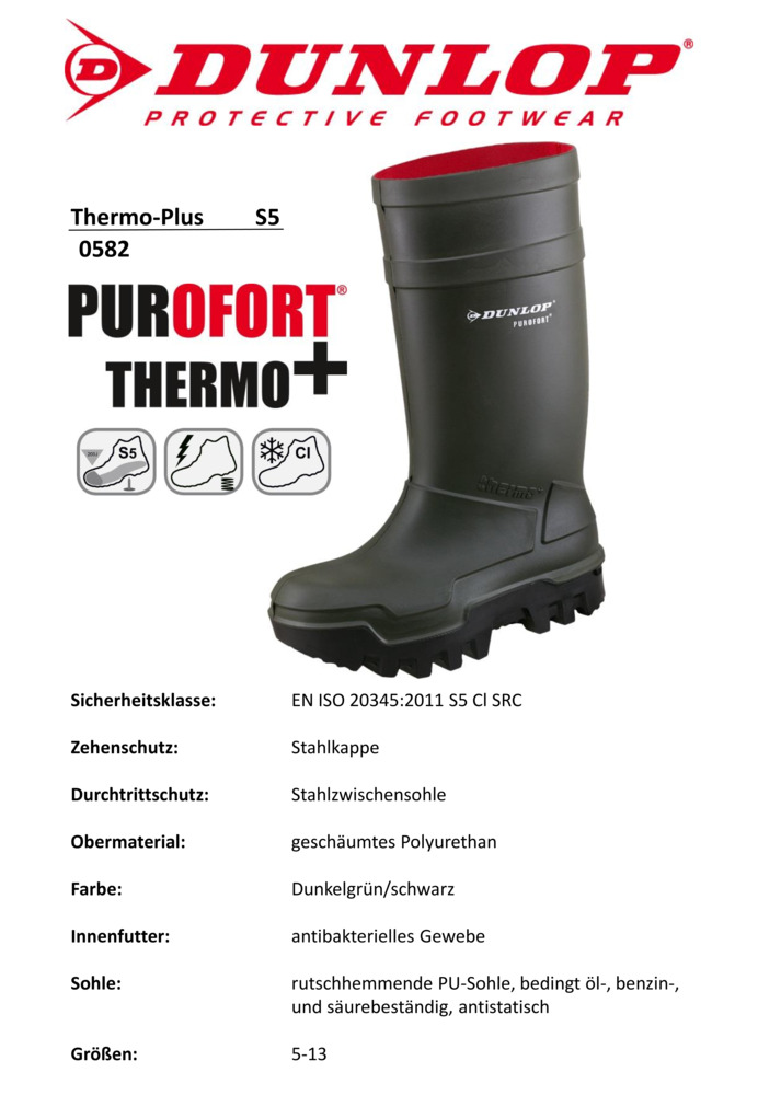 (45588), grün DUNLOP-PU-S5-Thermo-Sicherheits-Gummi-Stiefel, `Thermo+`,